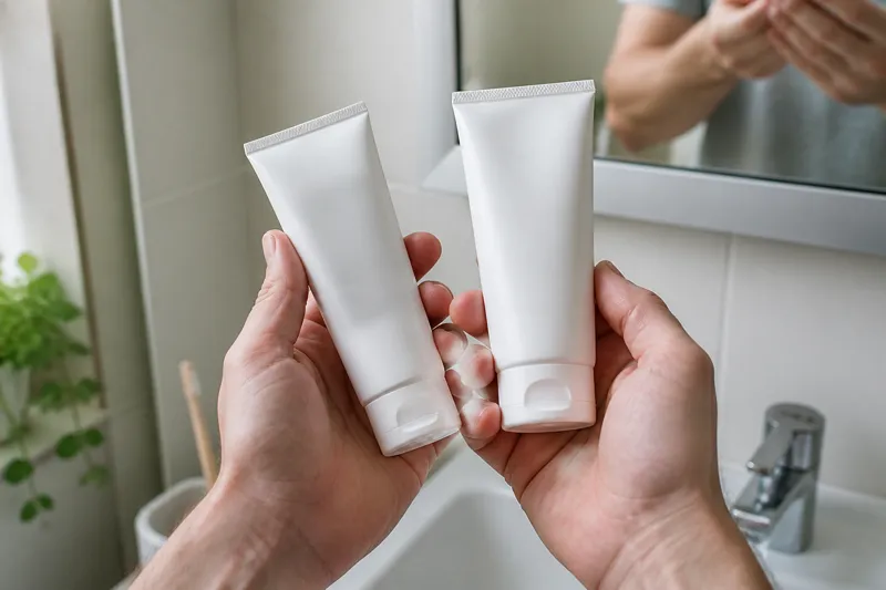 Hands comparing two plain toothpaste tubes at a bathroom sink