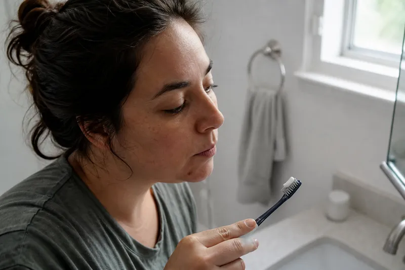 Person brushing teeth with a pea-size stripe of toothpaste