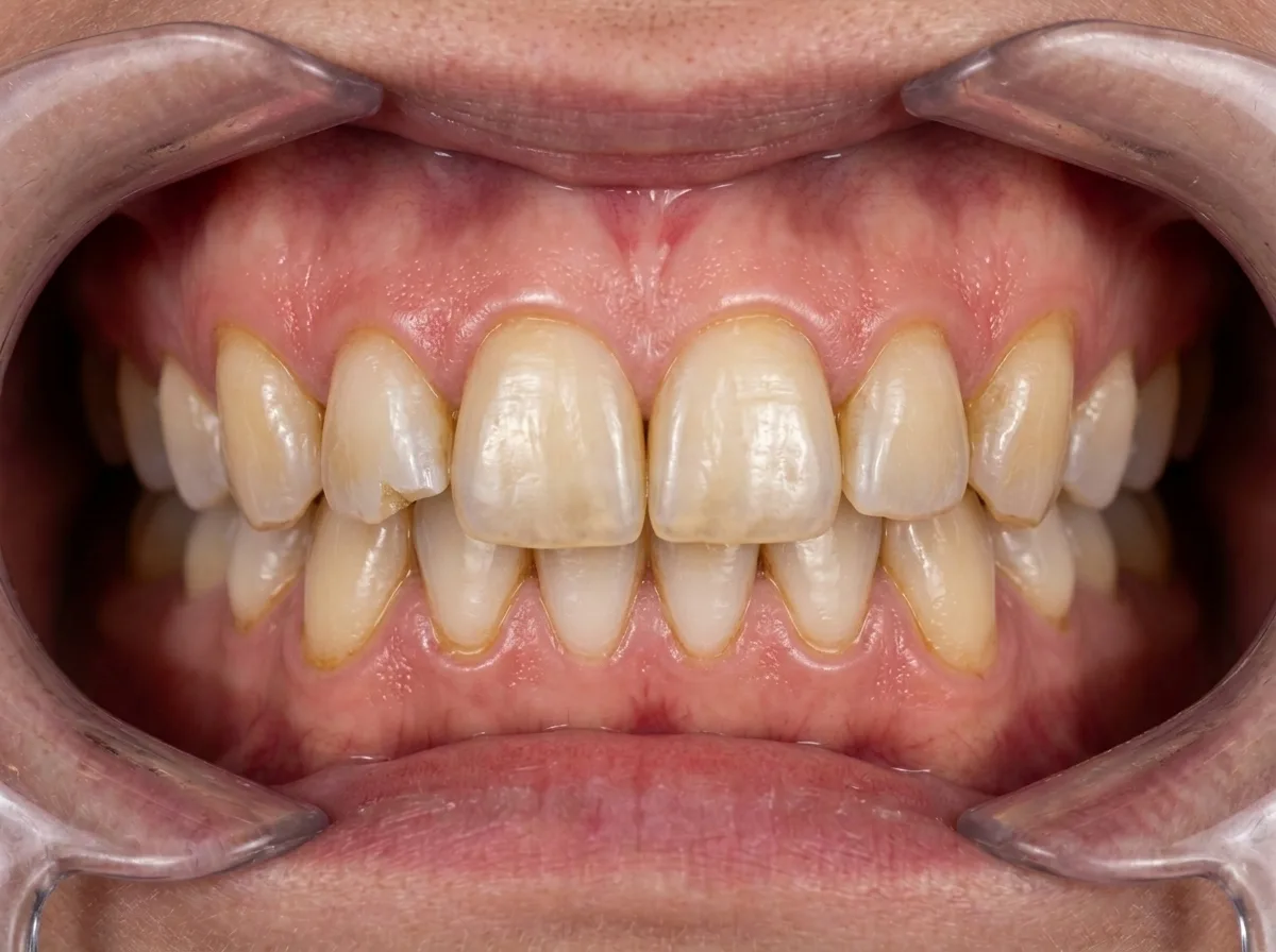 Same mouth camera on day 1 after food, thin coffee film on the enamel