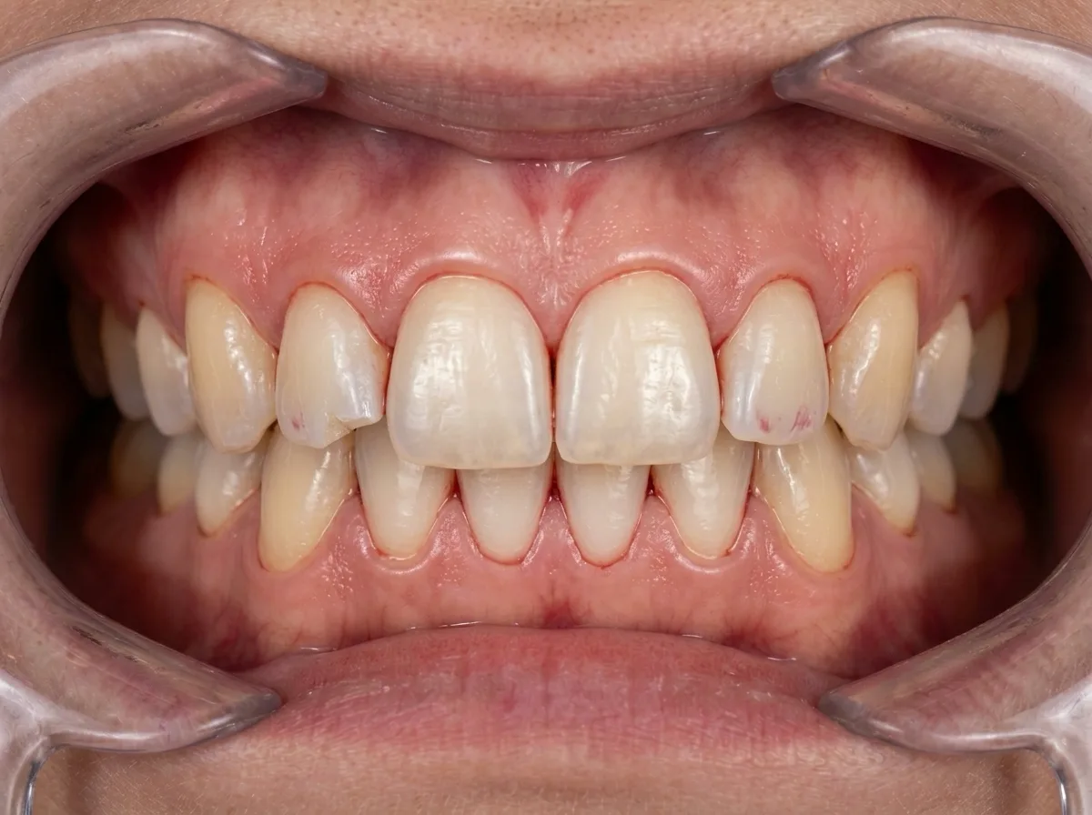 Same teeth on day 8 after food, thin berry stain near the gumline