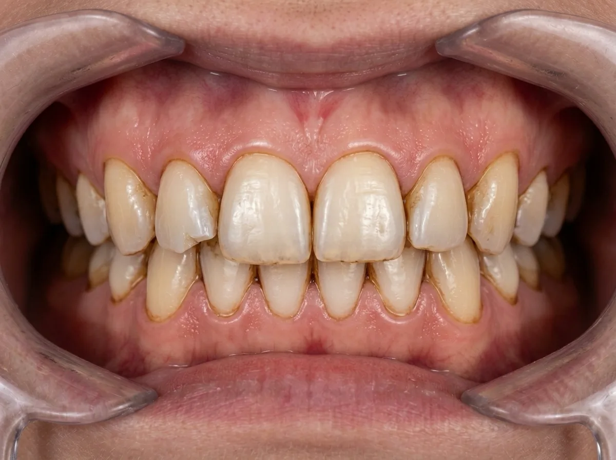 Same teeth on day 45 after food, thin dark drink film