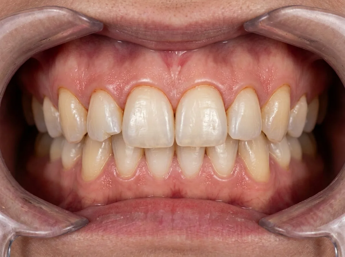 Same teeth on day 60 after food, thin red film at the gumline