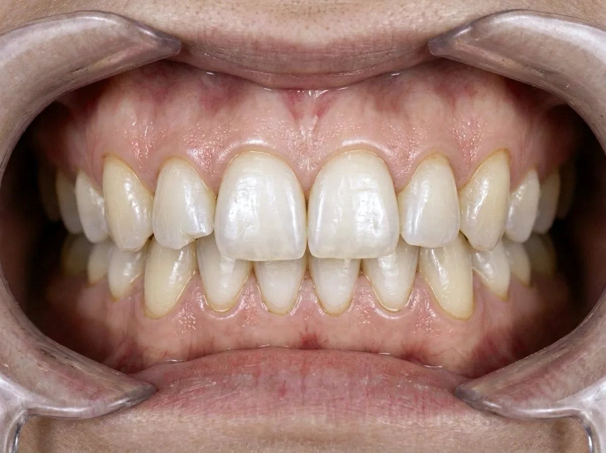 Same teeth on day 90 after food, thin coffee film over slightly cleaner enamel