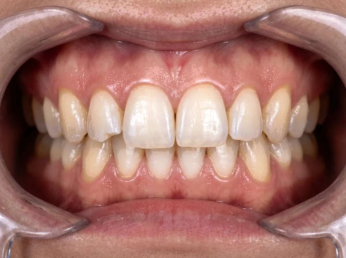 Same teeth on day 90 before food, modestly lighter than day 1, not bleach white