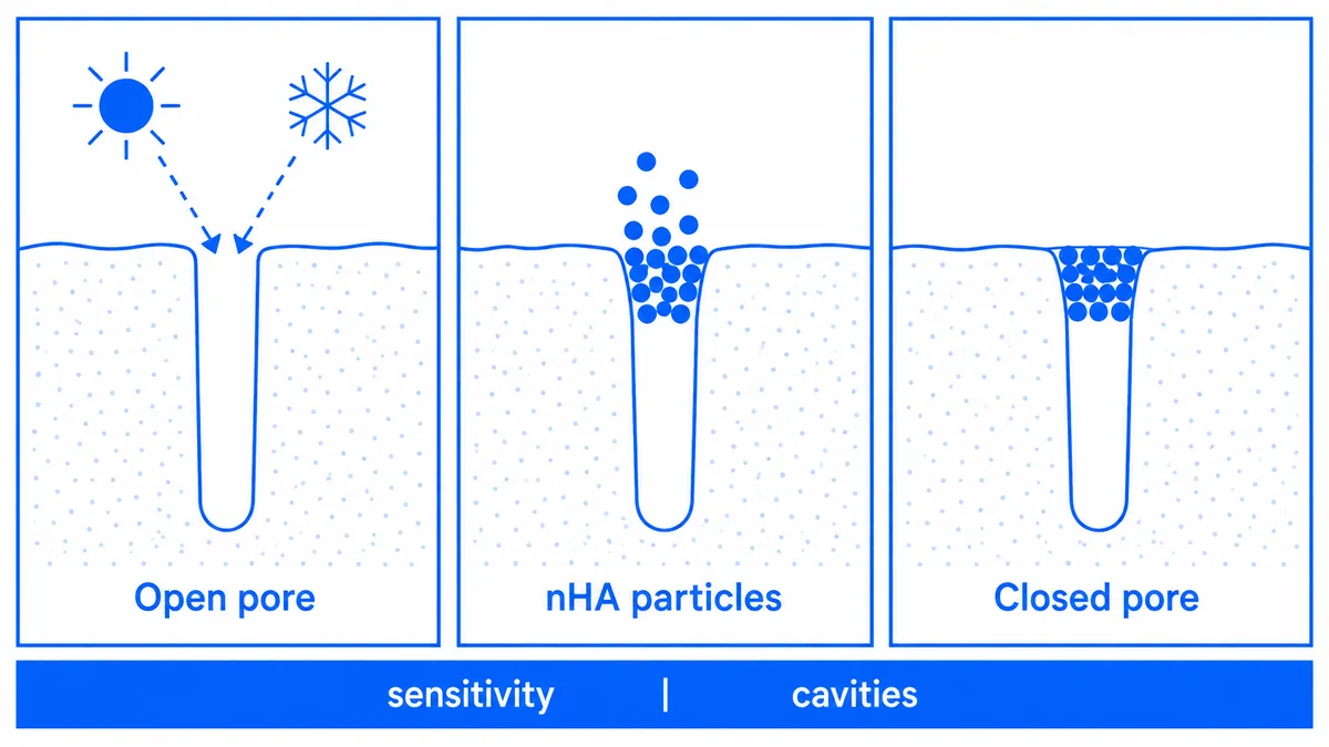 Three-panel diagram of an open dentin pore, nHA particles settling in, then a closed pore