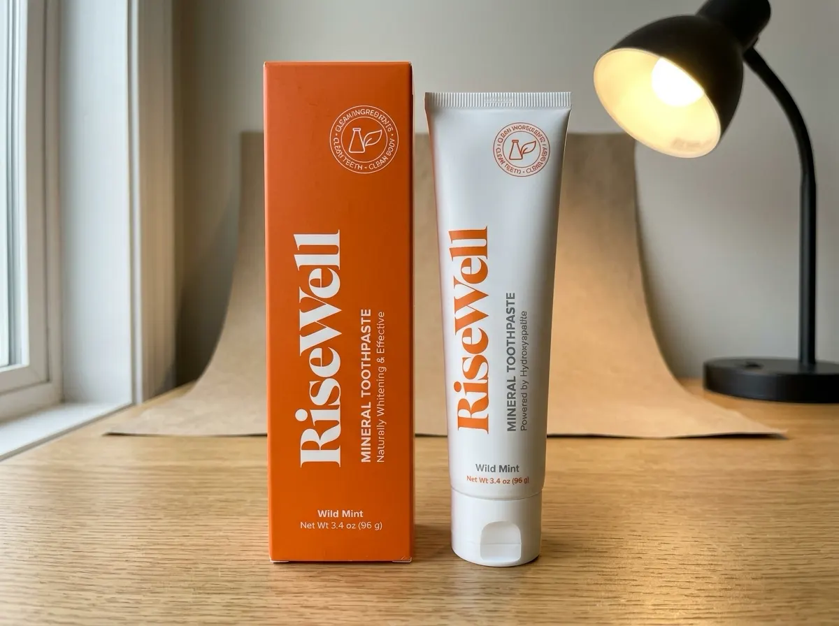 RiseWell Mineral Wild Mint hydroxyapatite toothpaste tube and orange box on a homemade studio table