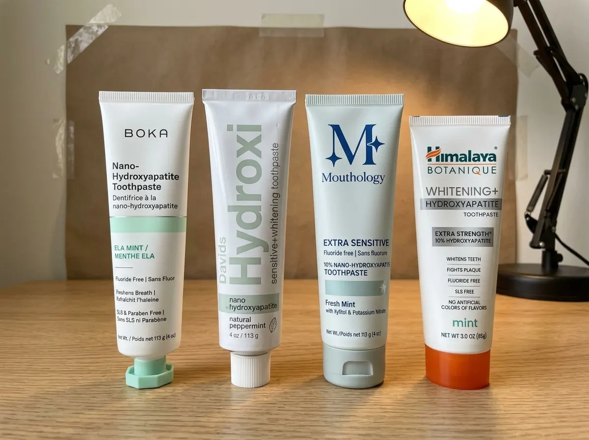 Boka, Davids Hydroxi, Mouthology, and Himalaya Whitening+ nHA toothpaste tubes on a homemade studio table