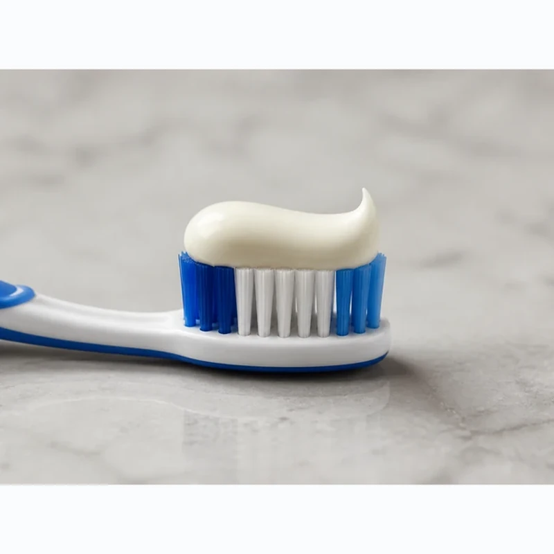 Himalaya toothpaste squeezed onto a blue and white toothbrush